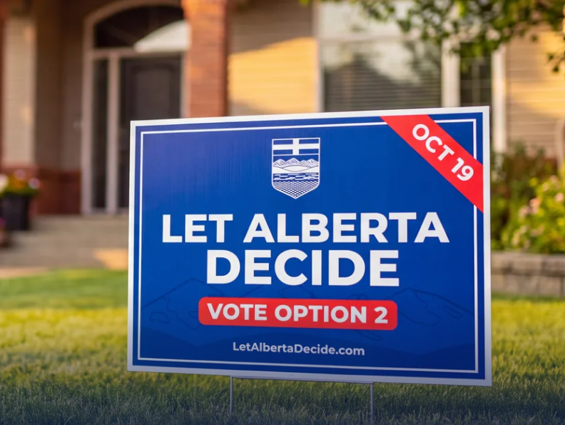 https://letalbertadecide.com/lawn-signs/  pickup events across Alberta.